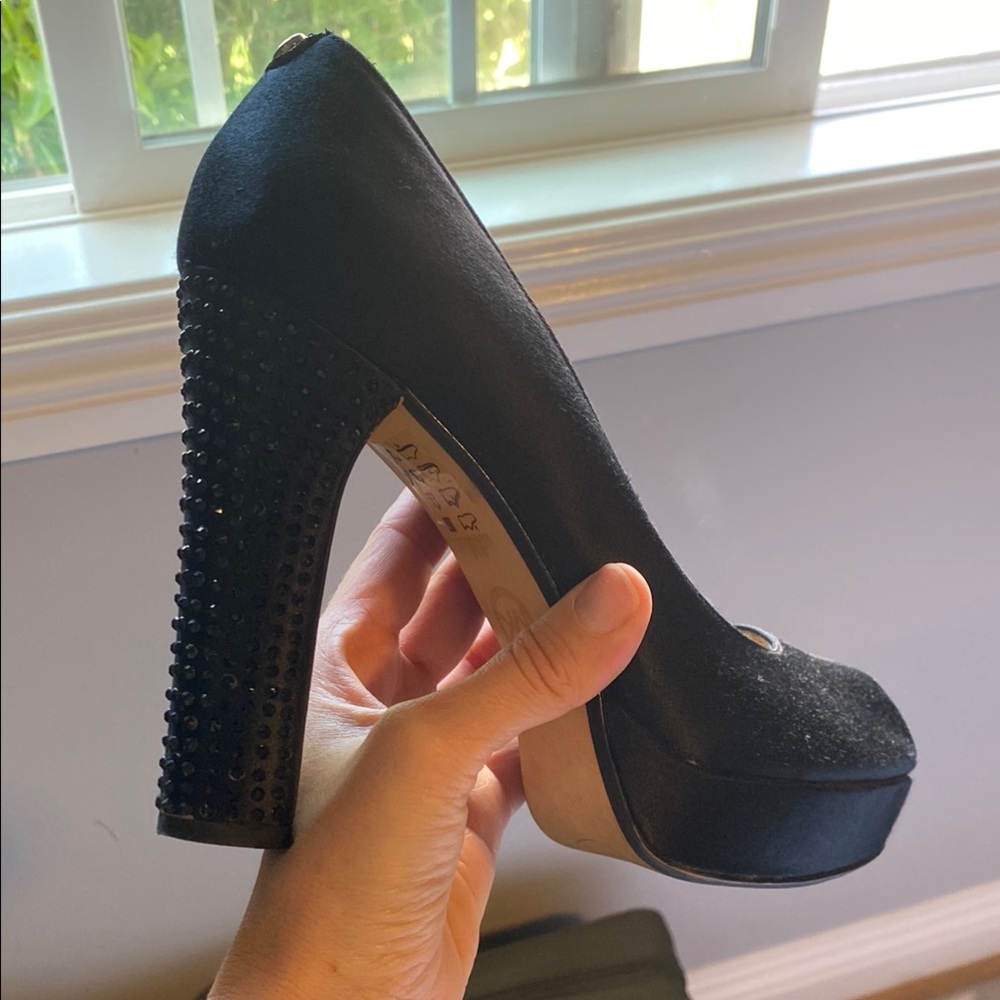 Michael Kors Black Chunky Heel Platform Pumps rhinestone
